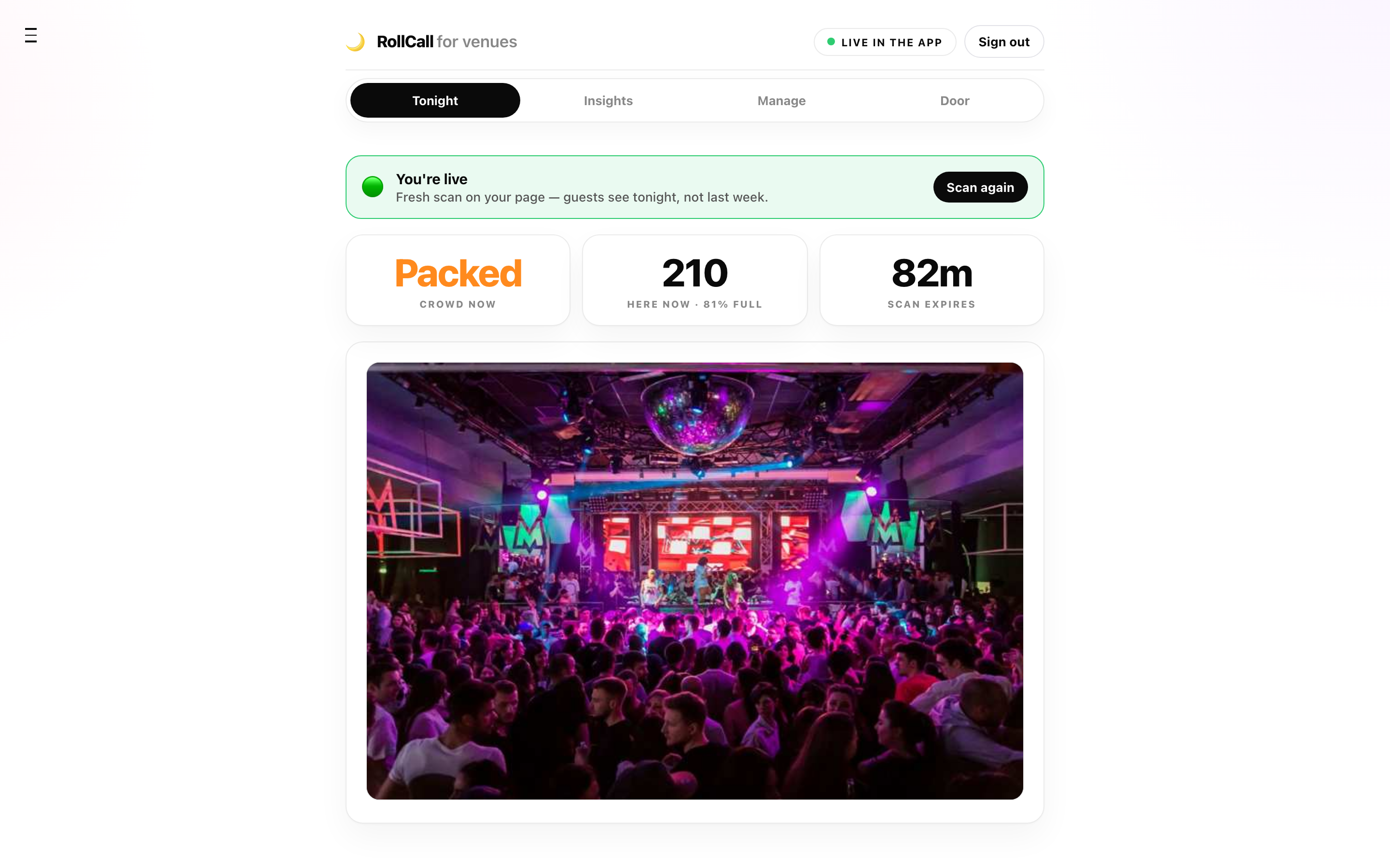 Venue dashboard — tonight snapshot